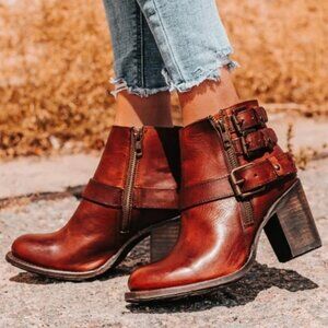 Freebird by Steven Bolo Booties Cognac Brown Buckle Heeled Ankle Booties Size 10
